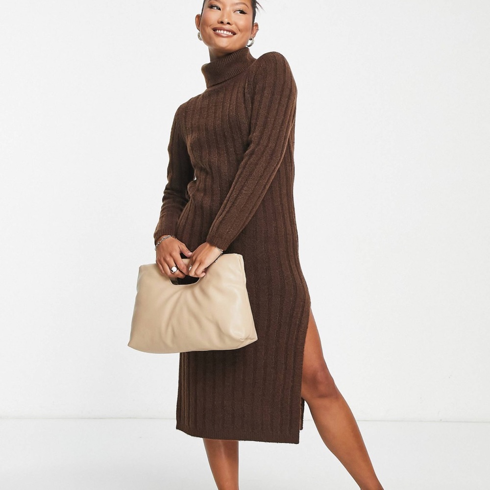 Asos Design knit midi dress with turtle neck in Taupe size 4